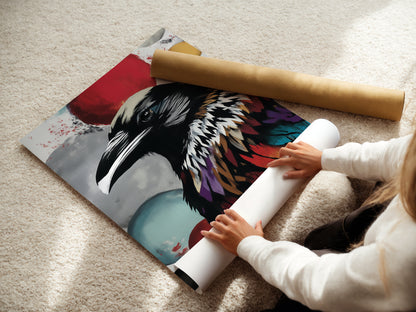 A woman carefully rolls fine art poster paper. This raven art is available as a high-quality print. Ideal for framing or adding to your collection. The colorful bird artwork is perfect for gothic decor.