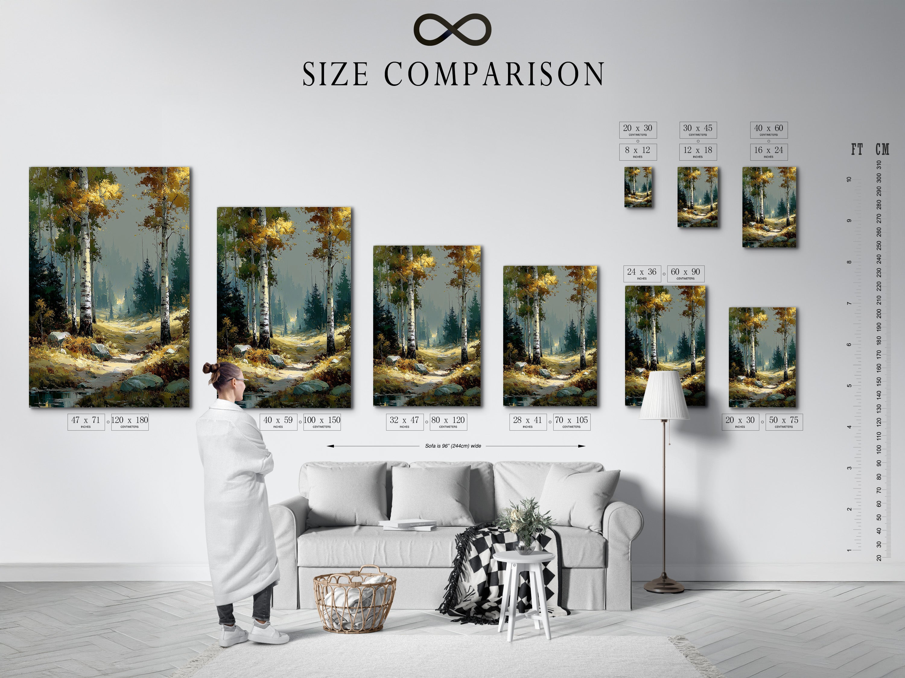 Size comparison chart in an interior setting featuring Birch Forest artwork. Visualize the perfect fit for your space. Choose the ideal size for your autumn landscape. The chart helps you imagine the artwork in your home. Find the perfect scale for your nature-inspired decor.