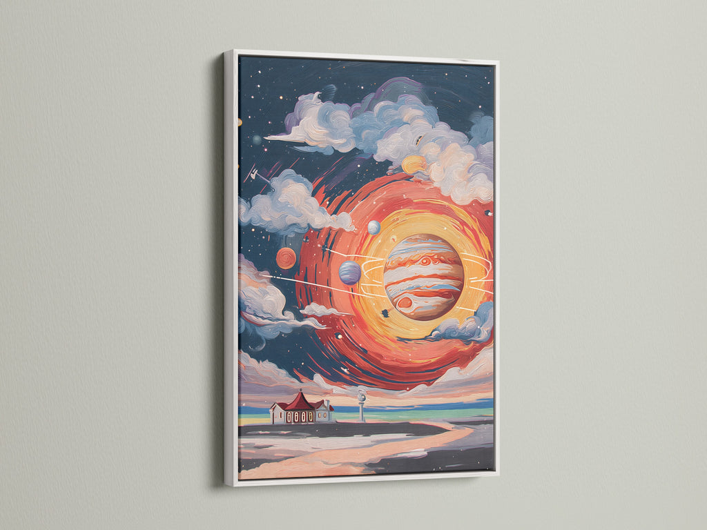 This space art canvas print is presented in a white frame. The artwork includes a cosmic lighthouse and solar system details. This astronomy decor brightens living rooms and offices.