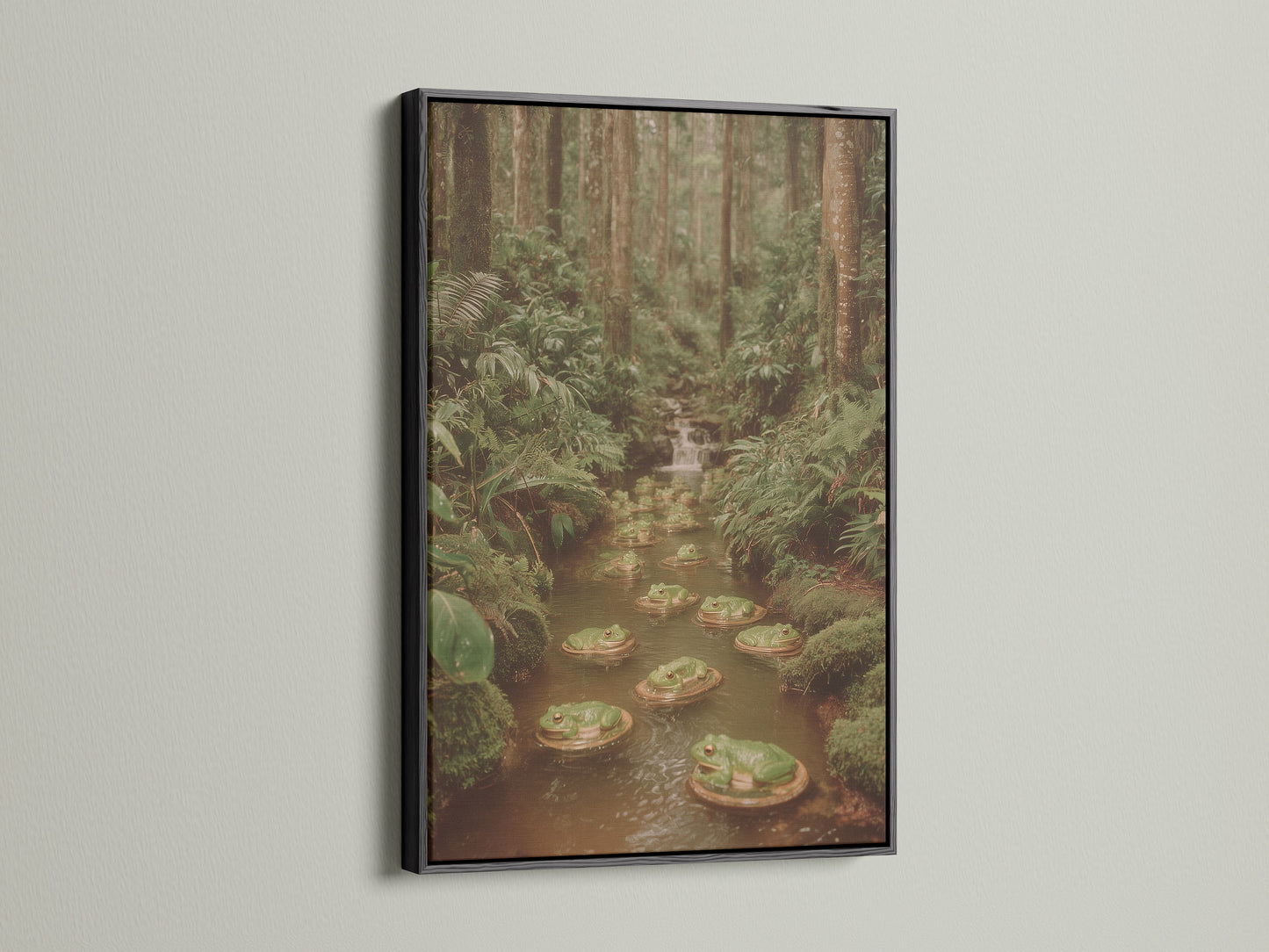 The black frame provides a bold contrast to the frog pond art. It accentuates the details of the forest canvas. This nature print is suited for contemporary spaces. The stream wall art adds a touch of wilderness to any room.