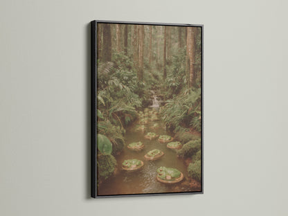 The black frame provides a bold contrast to the frog pond art. It accentuates the details of the forest canvas. This nature print is suited for contemporary spaces. The stream wall art adds a touch of wilderness to any room.