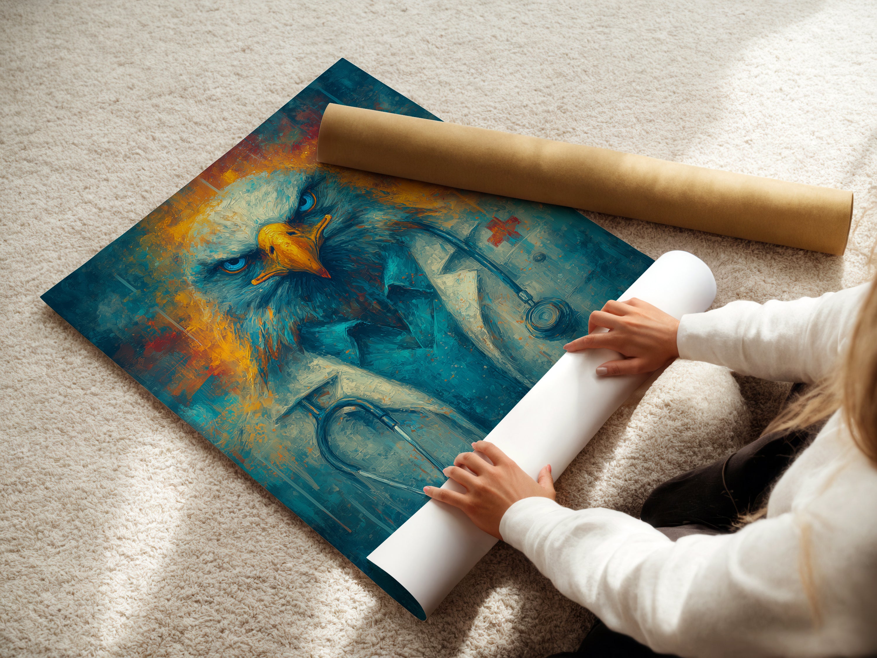 A woman carefully rolls a fine art poster paper featuring the Eagle Doctor artwork. This medical wall art is perfect for medical office decor. The animal portrait canvas showcases a contemporary style. It is ideal for clinics and home offices. Its blue and gold colors add a professional touch.