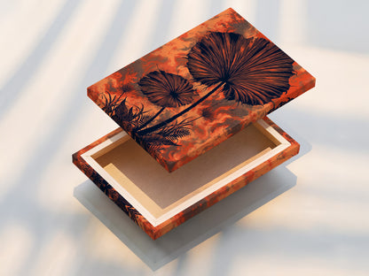 Stretched canvas print featuring botanical fan palm artwork. This tropical foliage poster is ready to hang. The burnt orange tones add a pop of color. Perfect for living rooms bedrooms or offices. Elevate your home decor with this canvas.
