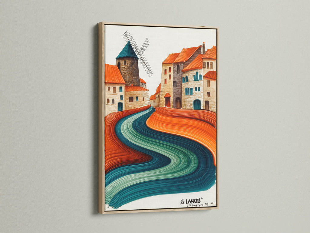 The whimsical village artwork is beautifully presented in an oak frame. The abstract landscape features vibrant teal and terracotta colors. This Europe art print adds a colorful touch to any room. It's perfect for modern home decor and brings a unique artistic flair.