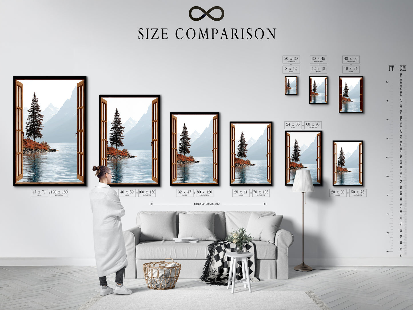 Size comparison chart in an interior setting is displayed. It showcases available sizes for the mountain lake artwork. It helps visualize the nature view poster in different spaces. This provides options for serene landscape artwork.