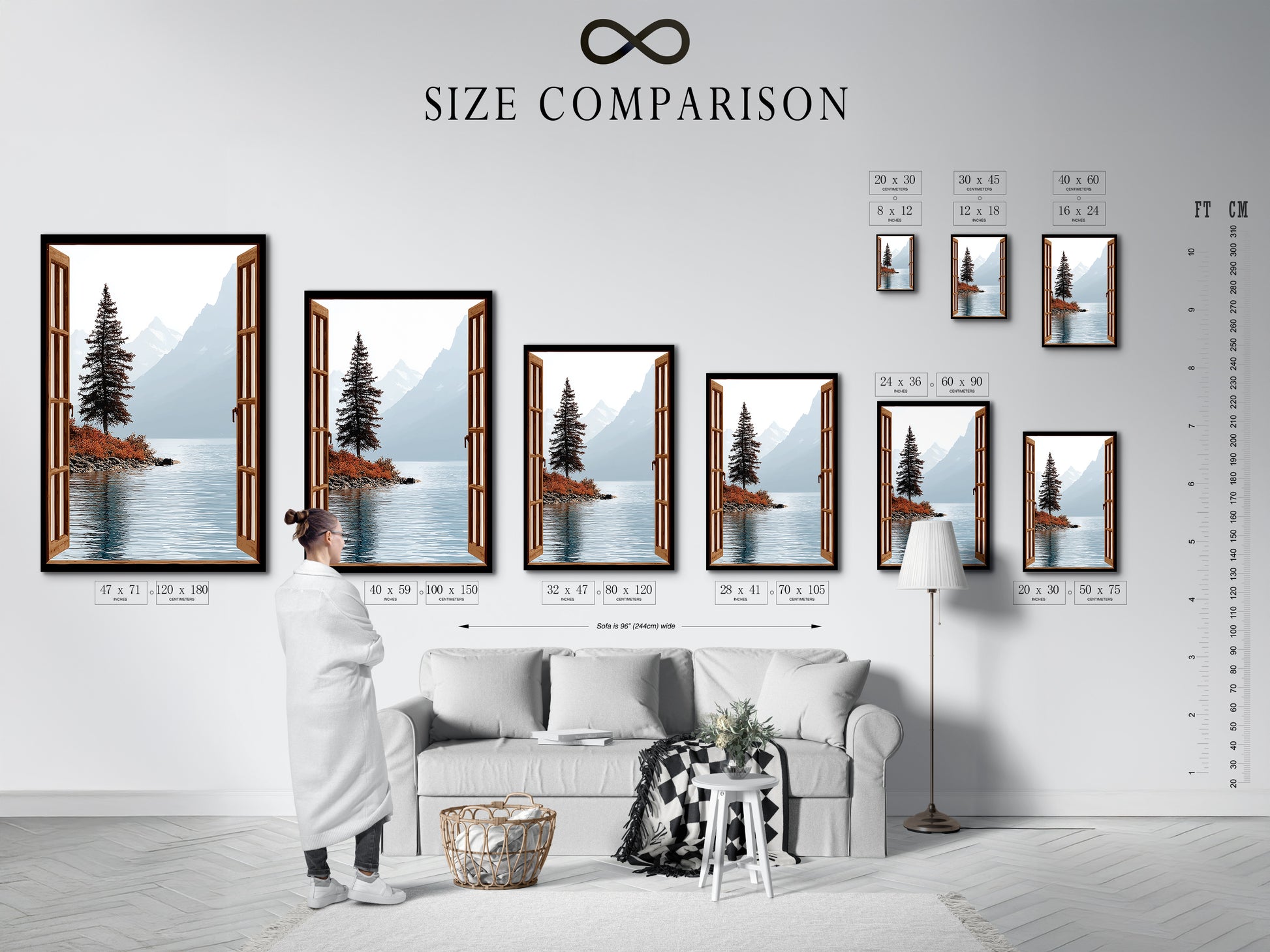 Size comparison chart in an interior setting is displayed. It showcases available sizes for the mountain lake artwork. It helps visualize the nature view poster in different spaces. This provides options for serene landscape artwork.