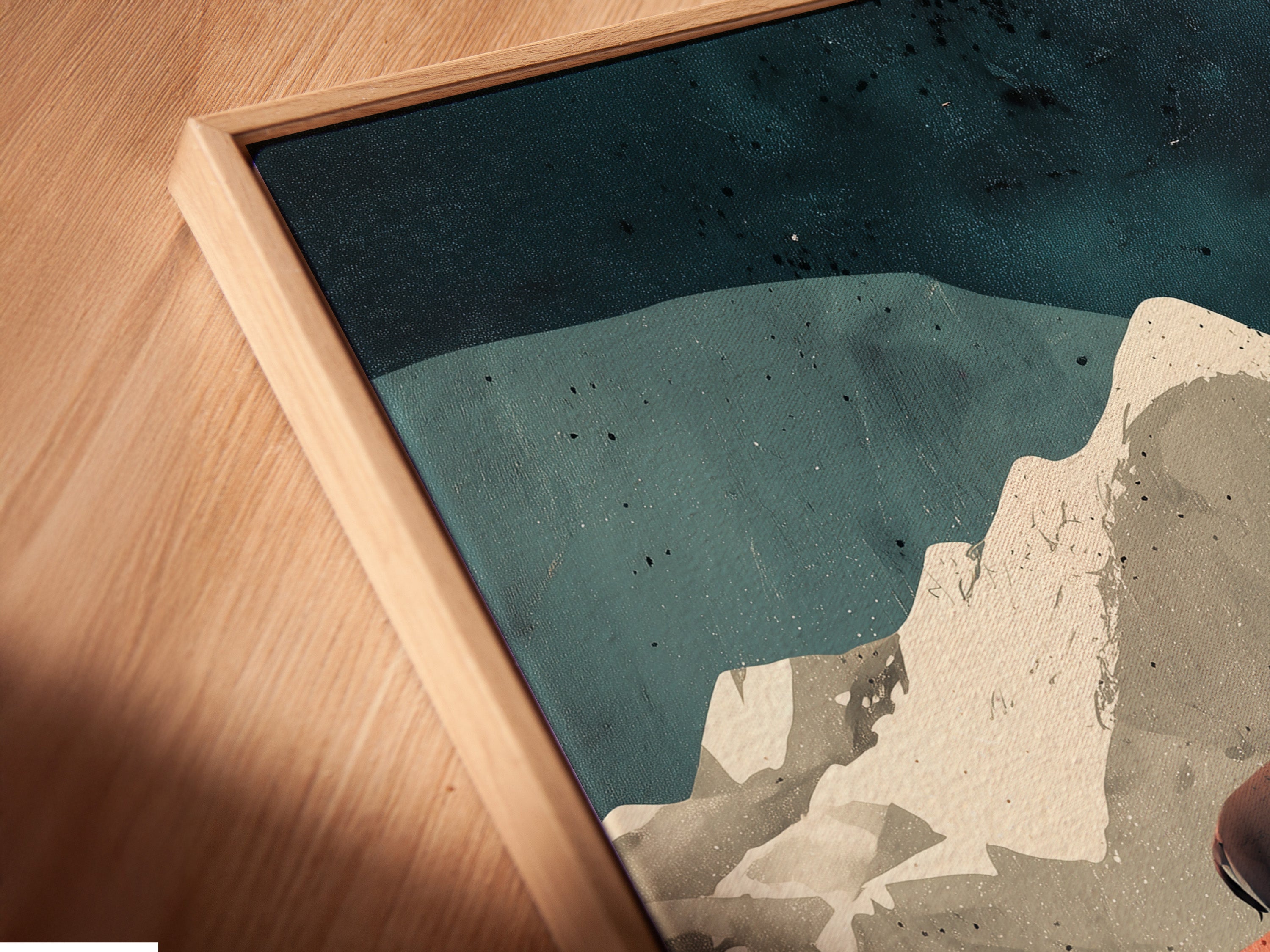 A close-up of a canvas print displayed in a floating frame. The floating frame gives the artwork a modern and gallery-like feel. It separates the canvas from the wall. Enhancing its presence and visual appeal. Discover how floating frames can transform your art display.