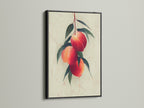 Check out the striking contrast of a black frame. It highlights a peach fruit botanical wall art. This artwork is suited for modern kitchen decor and farmhouse style. The bold frame makes the art pop. It will add a touch of elegance to your walls.