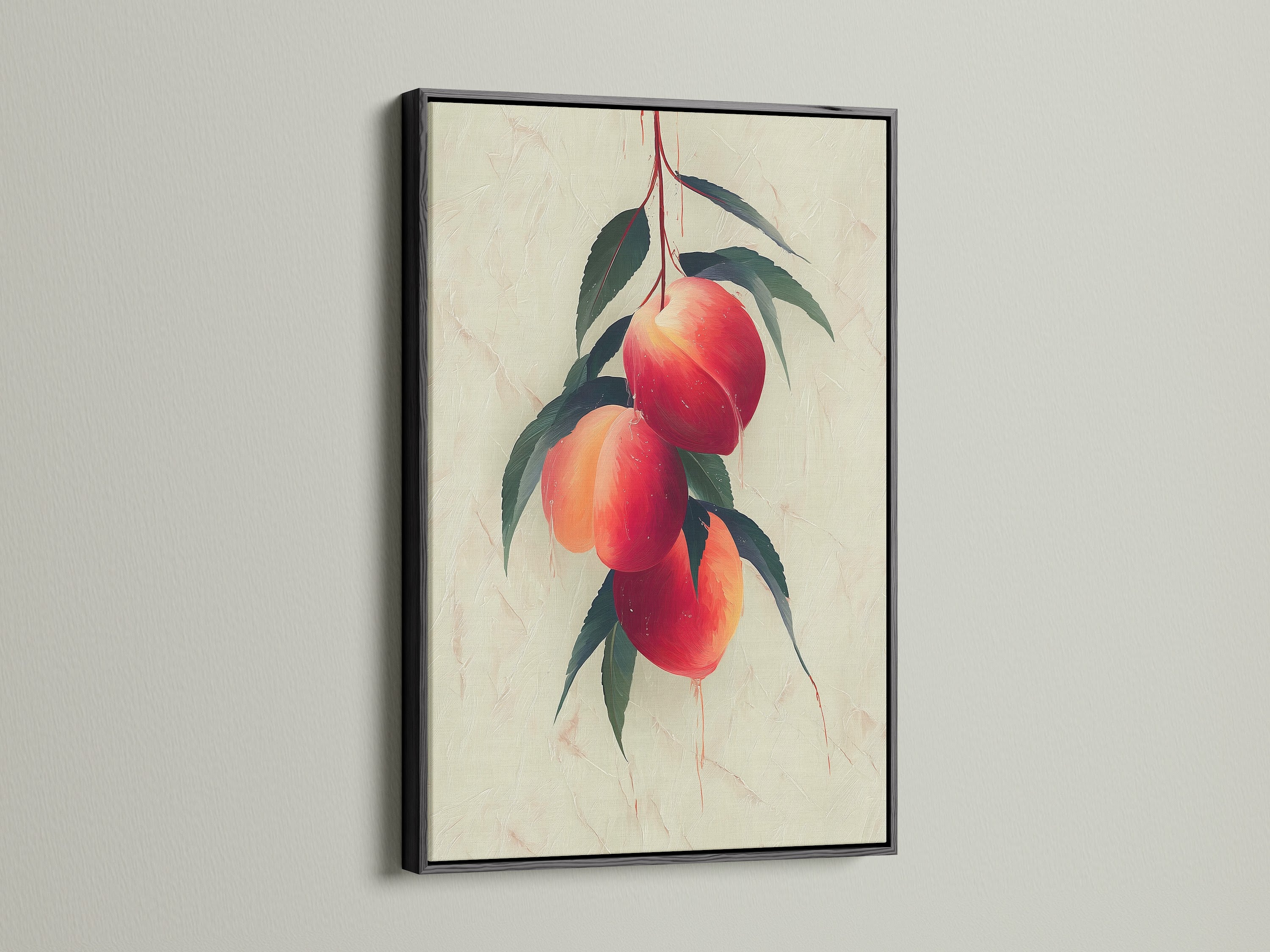 Check out the striking contrast of a black frame. It highlights a peach fruit botanical wall art. This artwork is suited for modern kitchen decor and farmhouse style. The bold frame makes the art pop. It will add a touch of elegance to your walls.