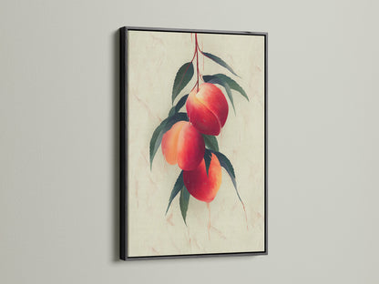 Check out the striking contrast of a black frame. It highlights a peach fruit botanical wall art. This artwork is suited for modern kitchen decor and farmhouse style. The bold frame makes the art pop. It will add a touch of elegance to your walls.
