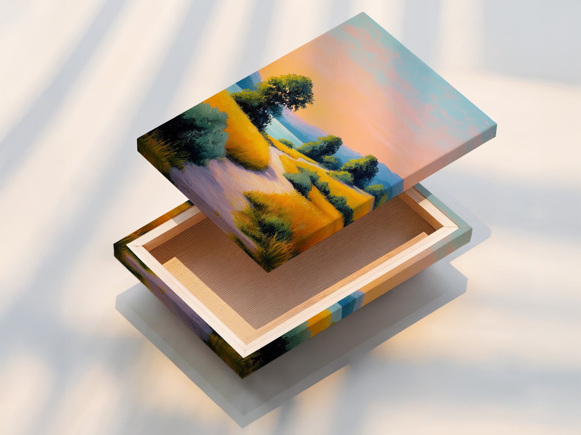 A stretched canvas print showcasing a sunset landscape artwork with a golden path print. Stretched canvas prints offer a gallery-wrapped look. They are ready to hang and perfect for living rooms and bedrooms. Transform your space with this beautiful nature wall art. Experience the warmth.