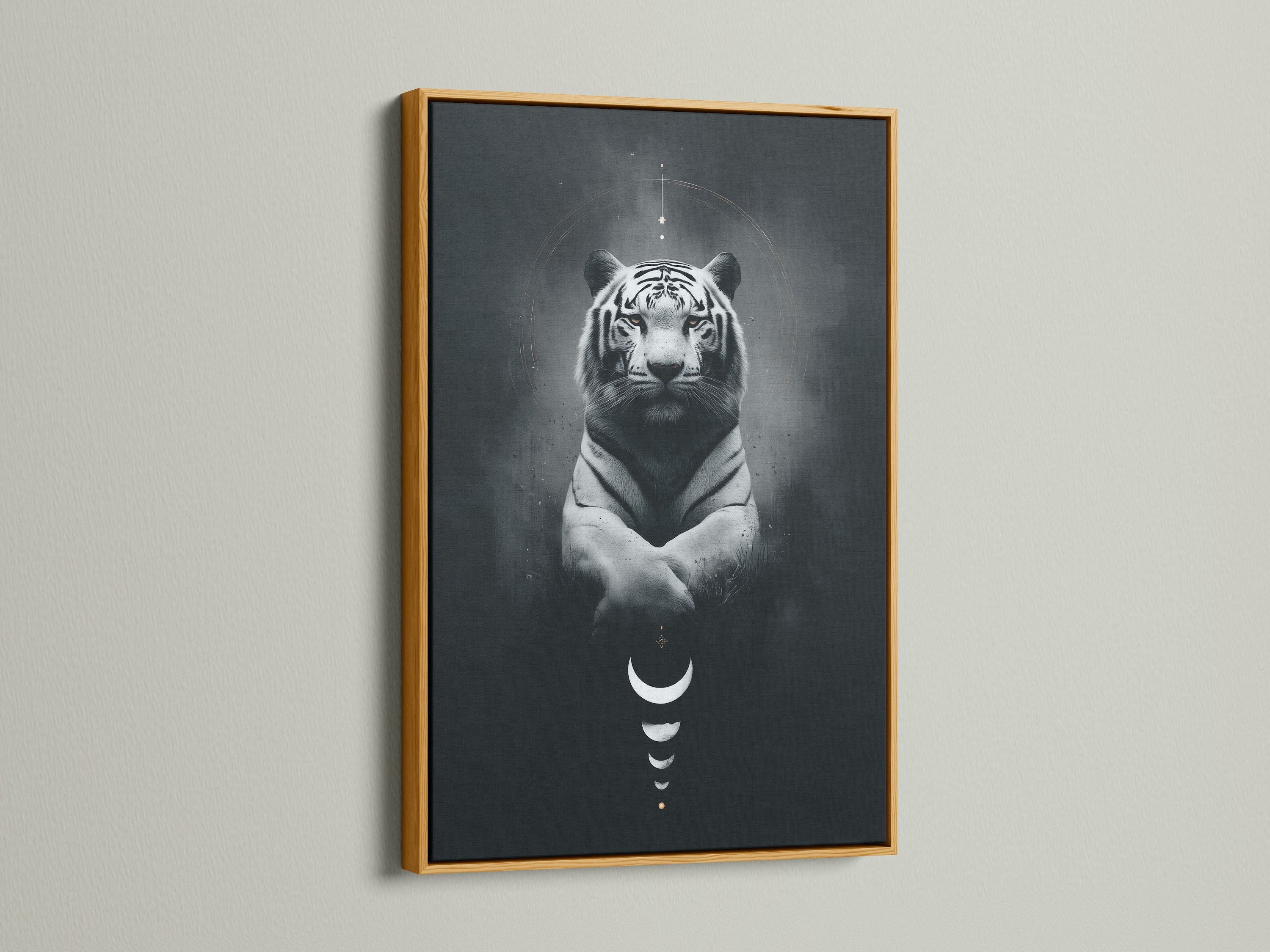Add a touch of spirituality to your home with this tiger wall art. This mystical artwork features a celestial animal and moon phases. The gold frame enhances its beauty. Ideal for bedroom wall decor or office wall art.