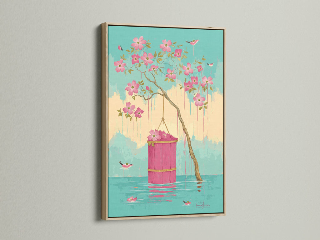 This is a beautiful floral blossom canvas print that features pink flowers and birds. The artwork is framed in oak. It enhances entryway decor. The nature-inspired design adds a touch of elegance to any room.