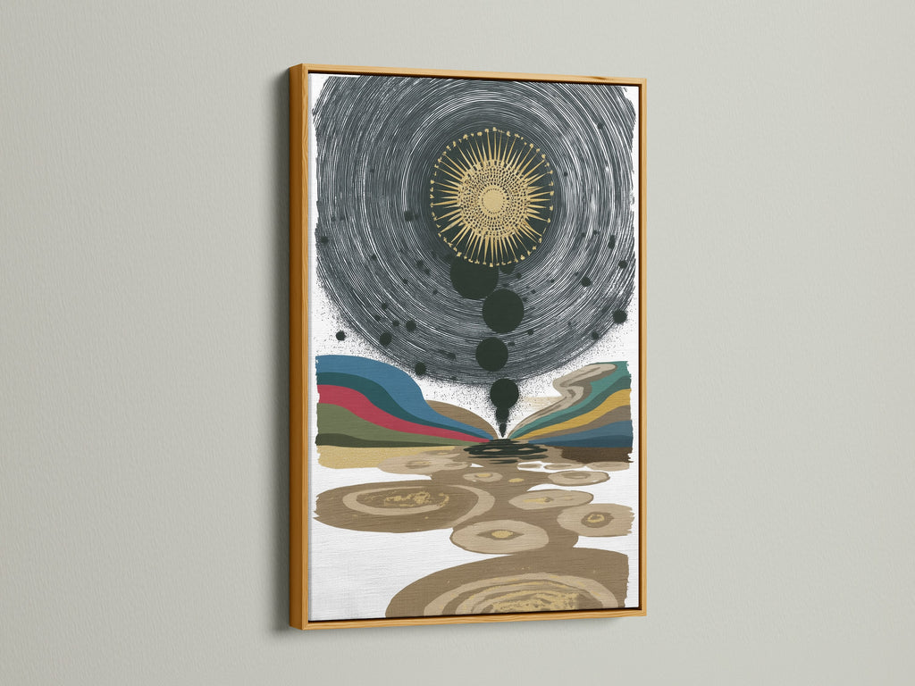 Elevate artwork with a luxurious gold frame. This frame highlights the intricate details of the sun art print. The gold finish adds a touch of elegance to celestial canvas wall art. Perfect for bohemian and eclectic styles. Browse our framing options.
