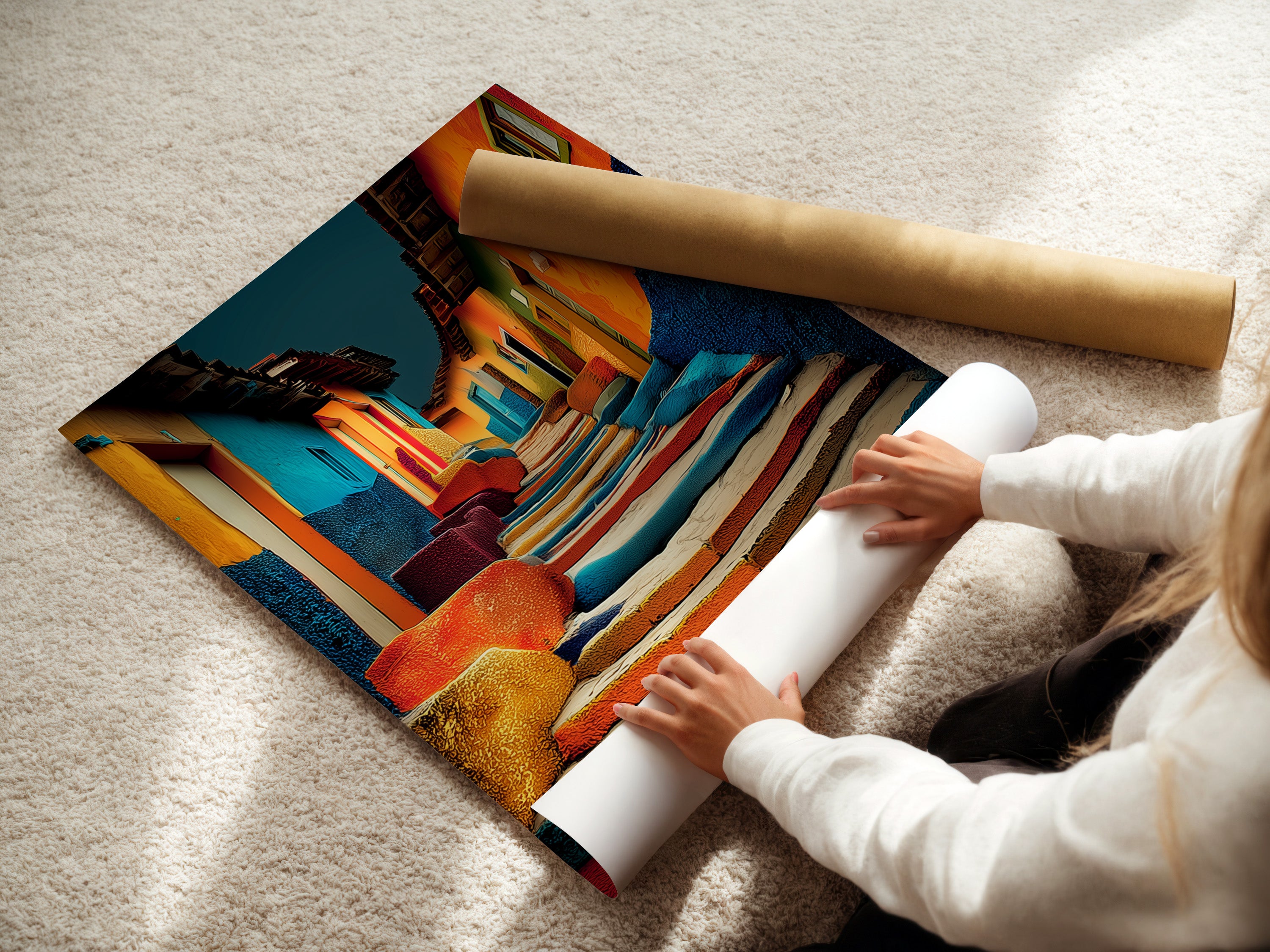 A woman is carefully rolling a fine art poster paper. The poster features a colorful artwork. She is preparing it for display or storage. The fine art paper enhances the artwork's quality. This ensures its longevity. A perfect way to preserve your favorite prints.
