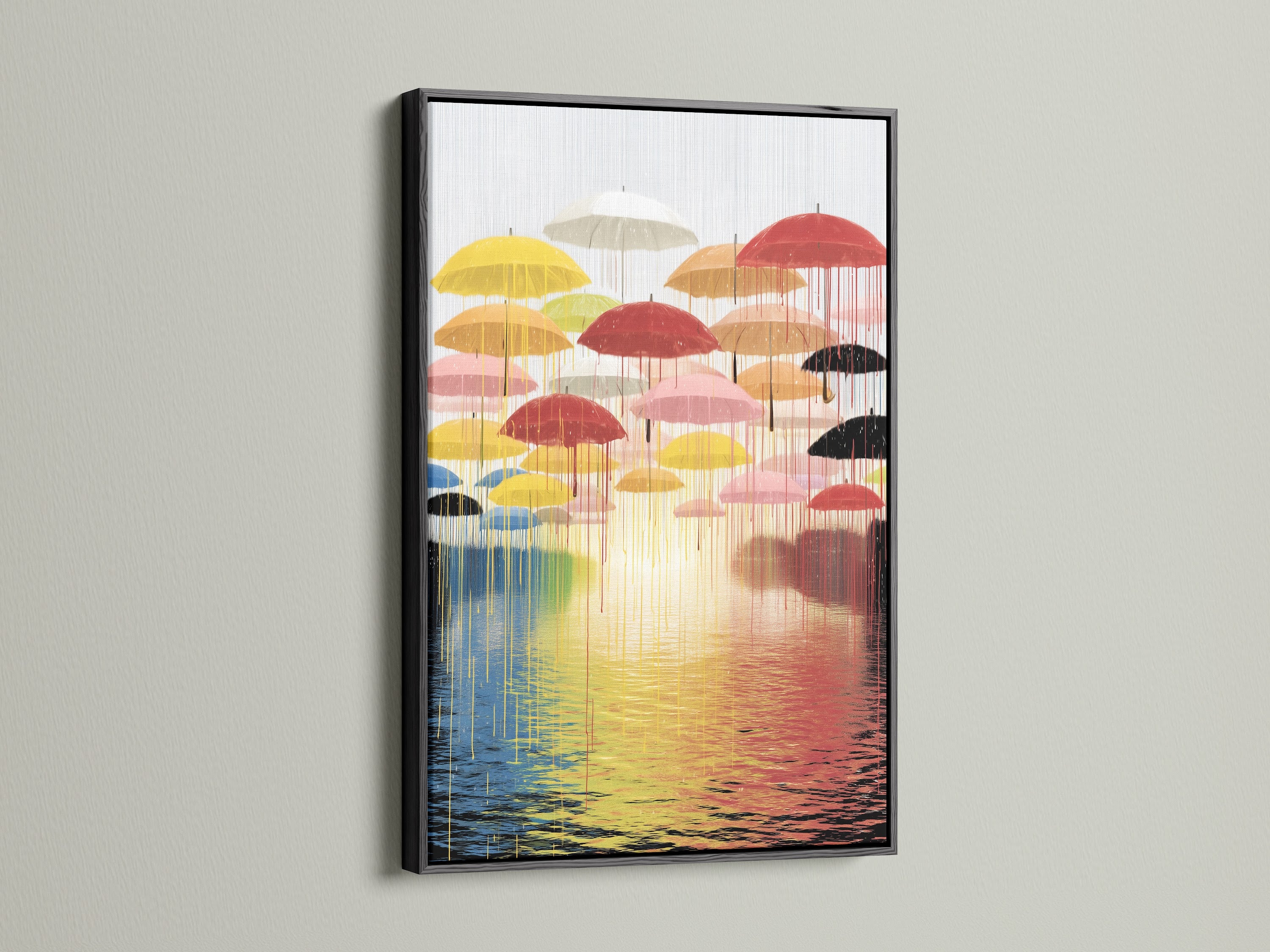 The 'Umbrella' art is displayed in a sleek black frame. This modern abstract artwork adds a touch of sophistication to any room. The black frame contrasts beautifully with the colorful reflection wall art. It makes it a striking focal point. Discover how this unique piece can elevate your home decor.
