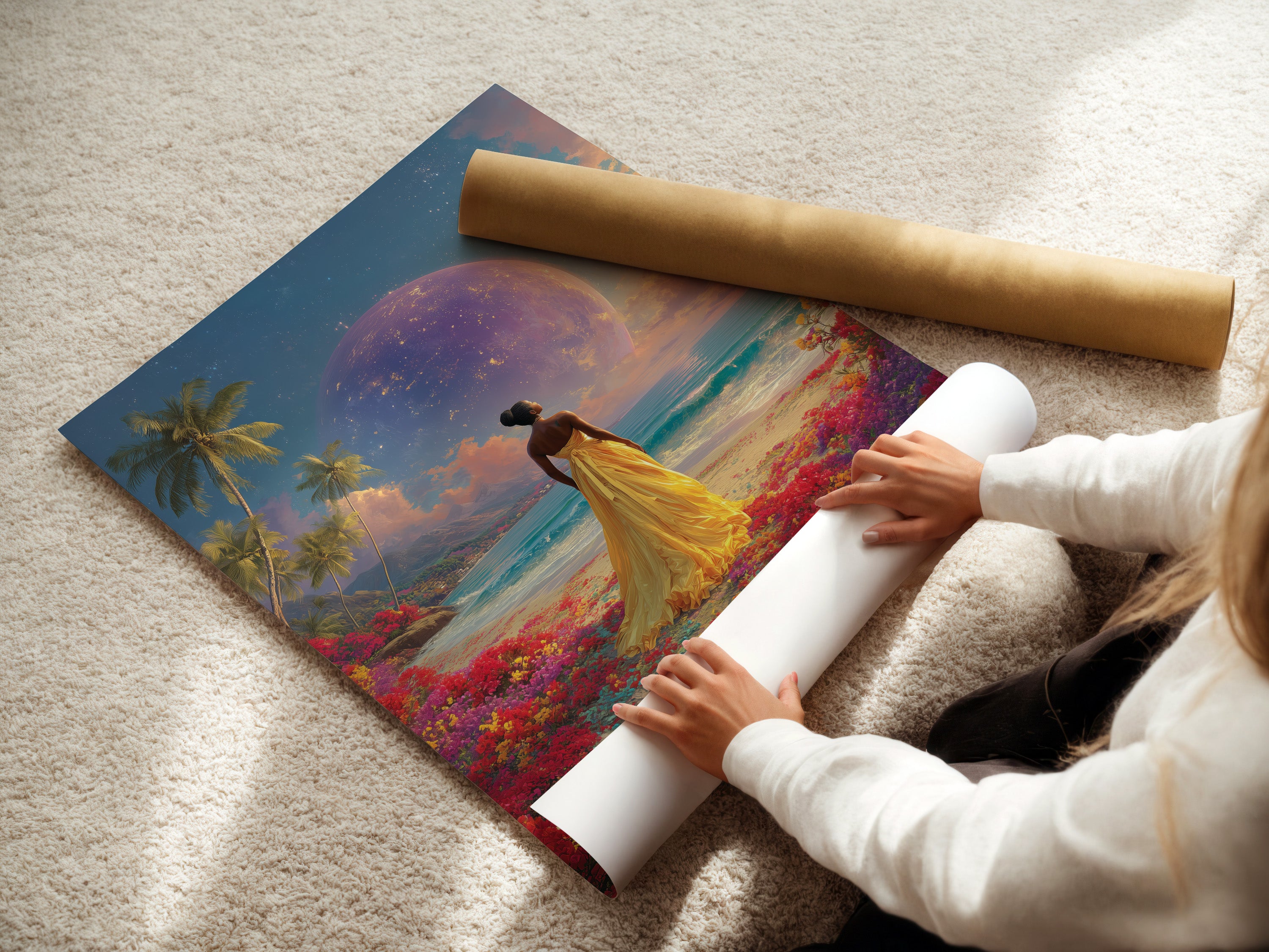 A woman is carefully rolling a fine art poster paper. The poster paper will be used for a print of artwork. The artwork shows a woman in a yellow dress on a beach with a planet in the sky. High-quality materials are used for prints.