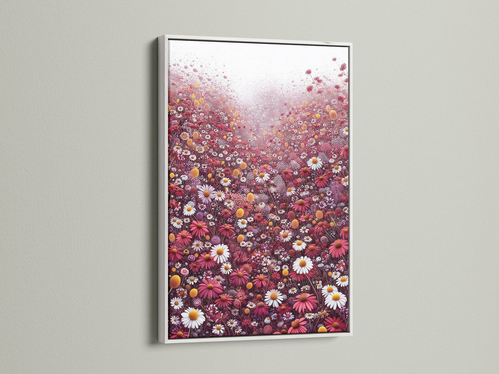 This image displays a floral meadow canvas artwork in a white frame. The artwork showcases a field of red and white wildflowers. It brings a fresh botanical touch to any space. Perfect for adding a contemporary spring blossom artwork. Elevate your walls with this floral artwork.