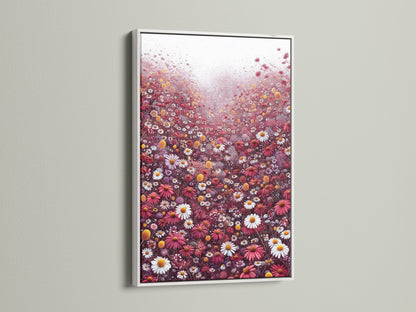 This image displays a floral meadow canvas artwork in a white frame. The artwork showcases a field of red and white wildflowers. It brings a fresh botanical touch to any space. Perfect for adding a contemporary spring blossom artwork. Elevate your walls with this floral artwork.