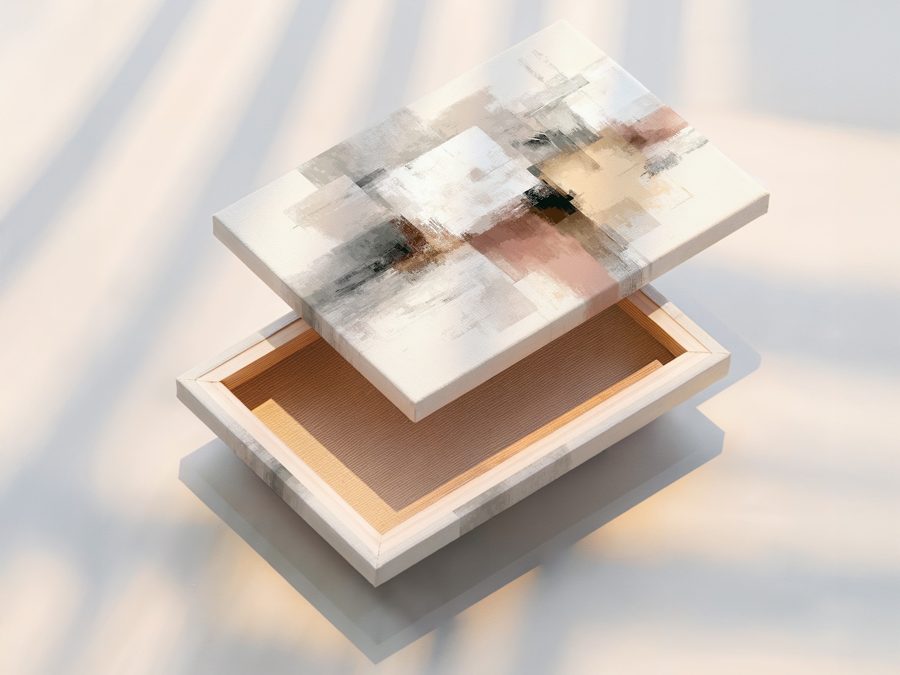 A stretched canvas print displays abstract artwork. The neutral blush pink and gray tones create a soothing effect. This modern minimalist print enhances any room's decor. The stretched canvas provides a gallery-ready appearance. This piece is ideal for modern interiors.