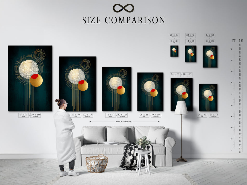 A size comparison chart in an interior setting. Various sizes of the abstract geometric artwork are displayed. See how each size fits your space. This is ideal for planning your wall decor.