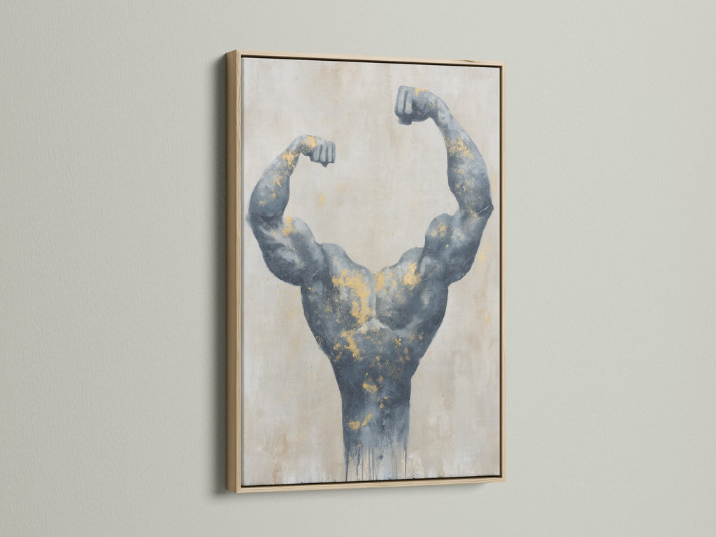 Muscle art on canvas with an oak frame. This bodybuilder art is a modern fitness decor accent. Ideal for gym wall art or a workout room. The gray and gold tones fit modern styles.