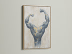 Muscle art on canvas with an oak frame. This bodybuilder art is a modern fitness decor accent. Ideal for gym wall art or a workout room. The gray and gold tones fit modern styles.