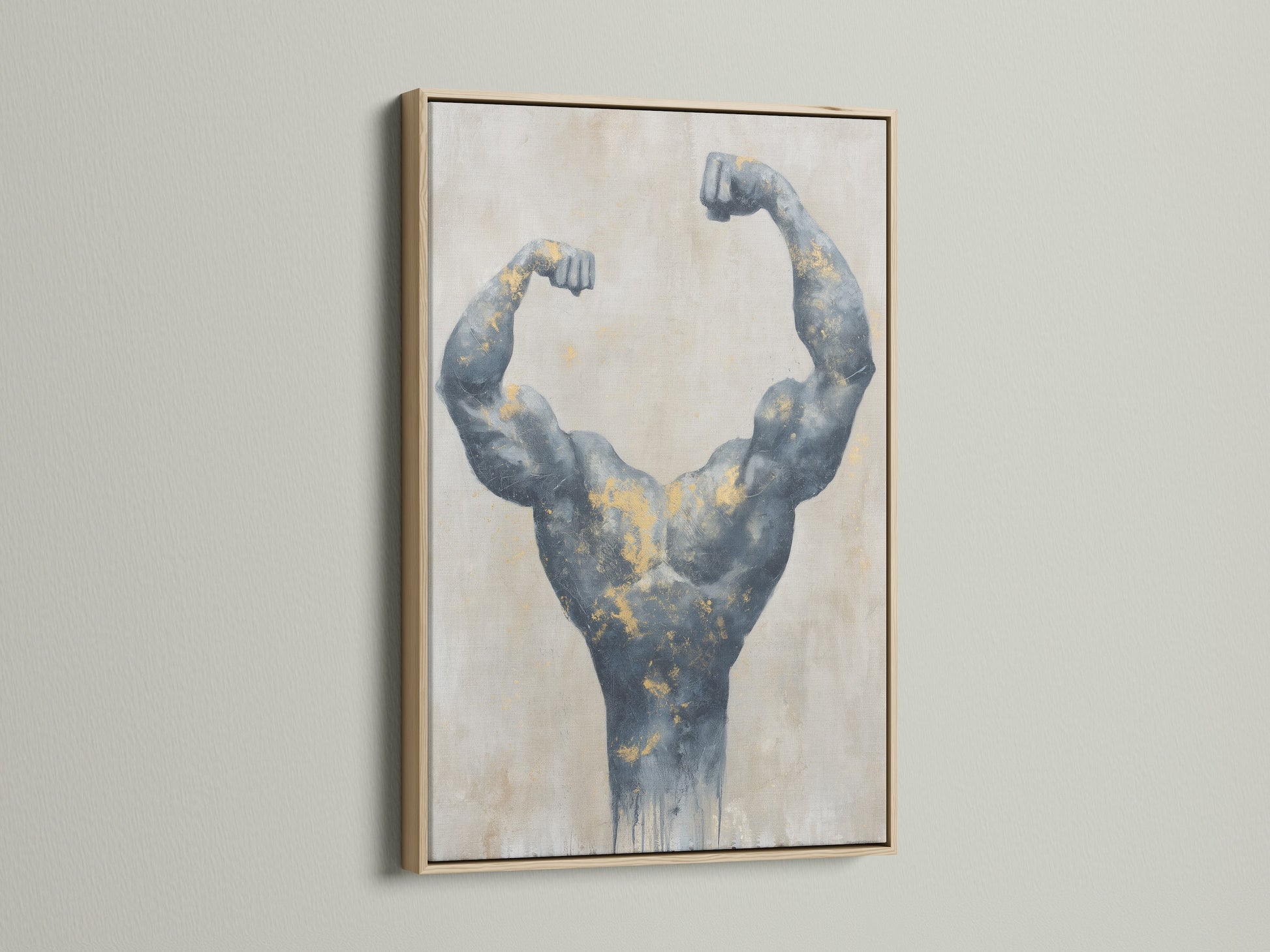 Muscle art on canvas with an oak frame. This bodybuilder art is a modern fitness decor accent. Ideal for gym wall art or a workout room. The gray and gold tones fit modern styles.