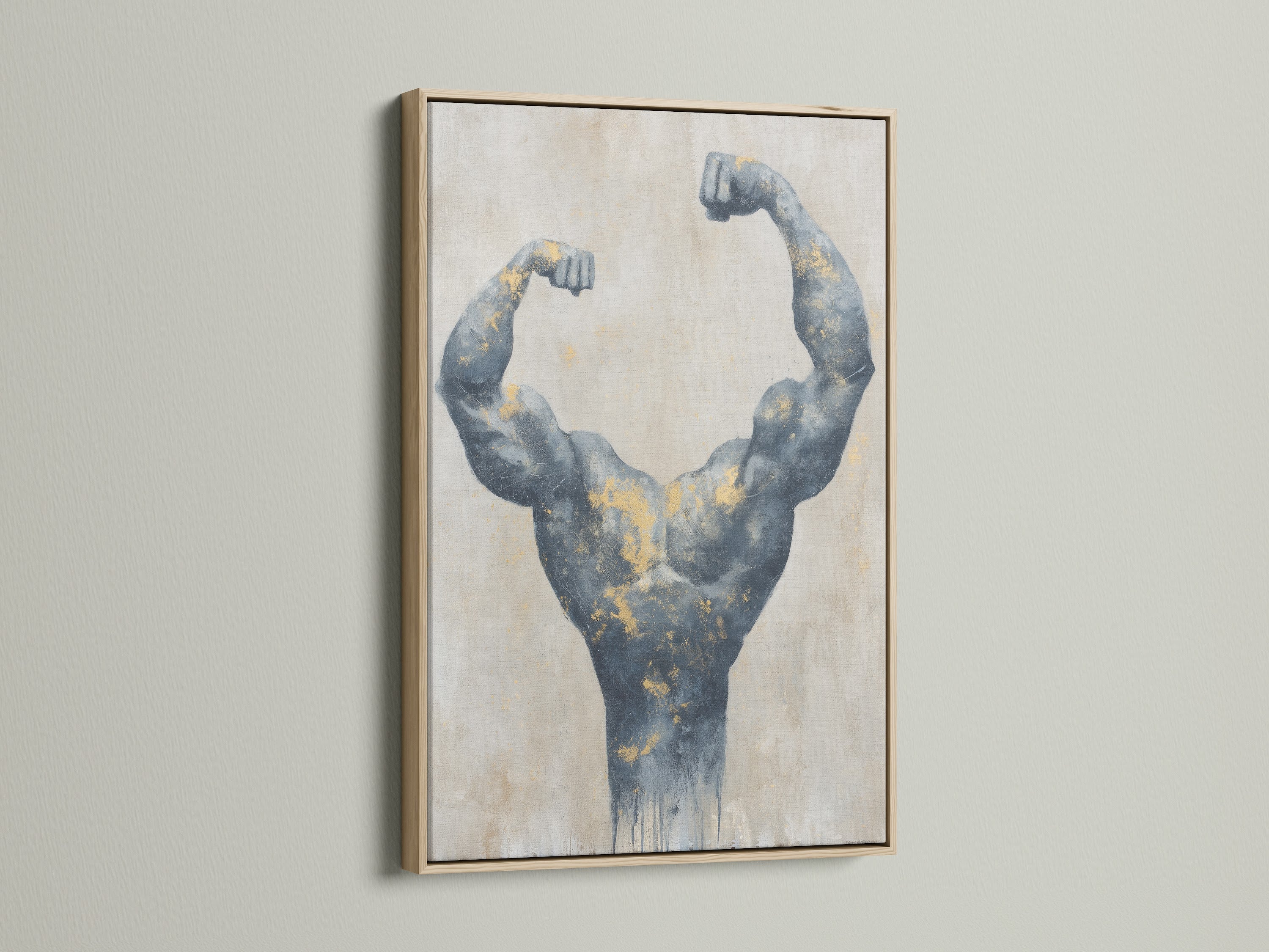 Muscle art on canvas with an oak frame. This bodybuilder art is a modern fitness decor accent. Ideal for gym wall art or a workout room. The gray and gold tones fit modern styles.