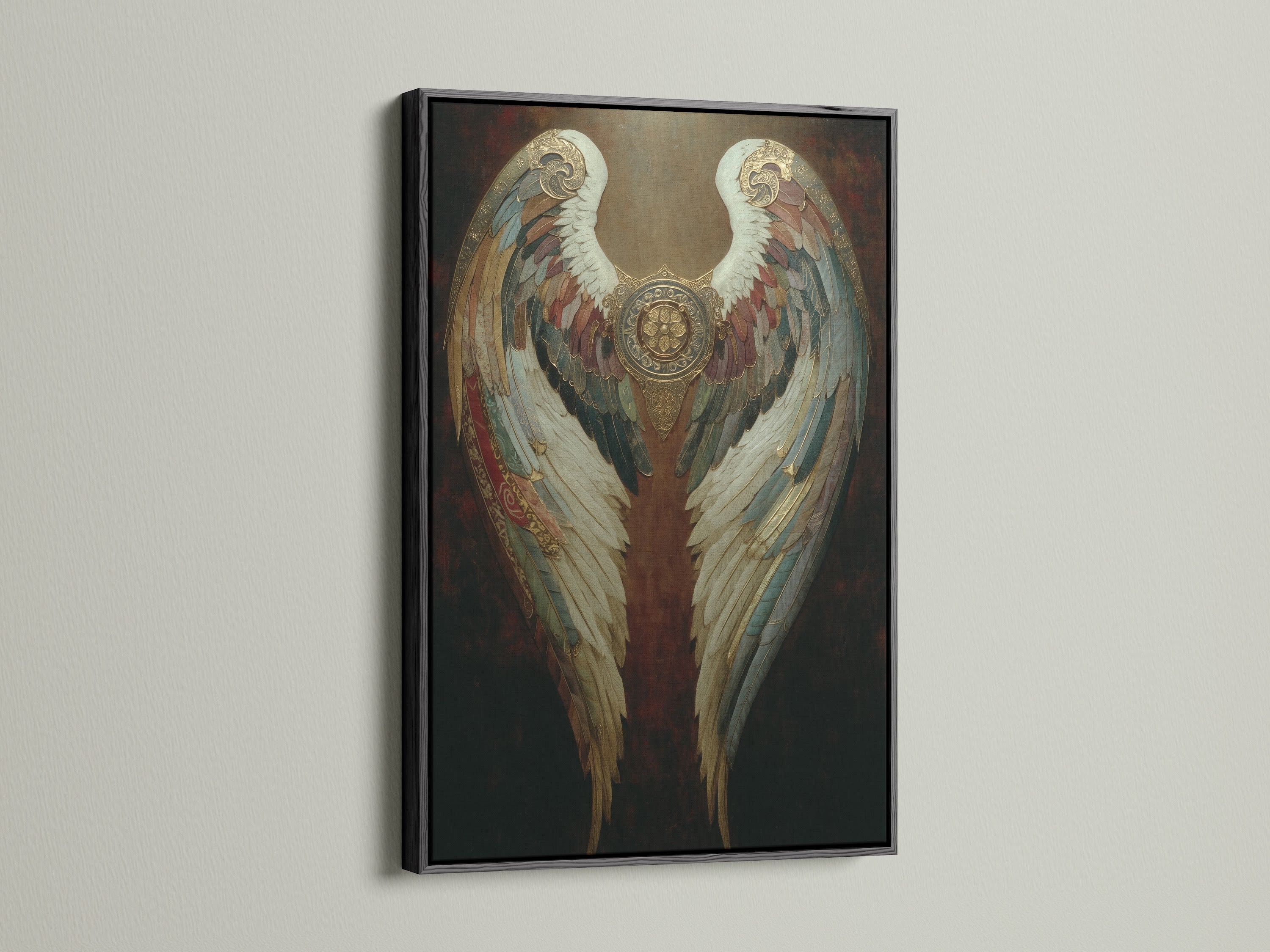 Angel wings canvas print framed in black. This gothic wall art is perfect for spiritual home decor. Vintage-style artwork adds elegance to any room. Ornate angel wings enhance dark academia aesthetics. Feather art creates a unique gothic ambiance. A mythical art piece to elevate your space.
