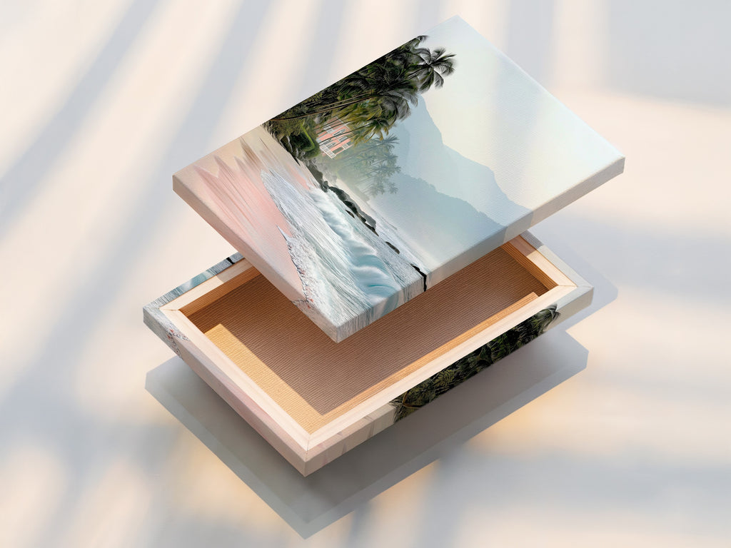 This stretched canvas print showcases a tropical beach. The artwork features pink sand and calming coastal scenery. Perfect for adding a serene touch to any vacation home decor.