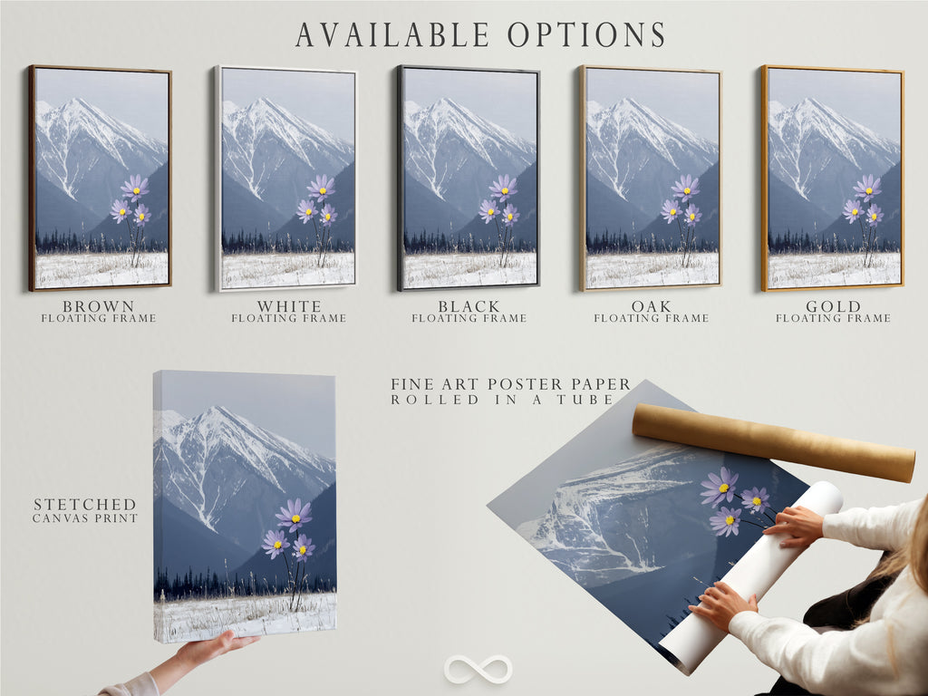 Available options are displayed. Including a stretched canvas print a fine art poster paper and a floating frame. The mountain flower art can be customized to your liking. Create a unique snowy mountain and lilac flower display.