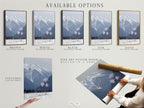 Available options are displayed. Including a stretched canvas print a fine art poster paper and a floating frame. The mountain flower art can be customized to your liking. Create a unique snowy mountain and lilac flower display.