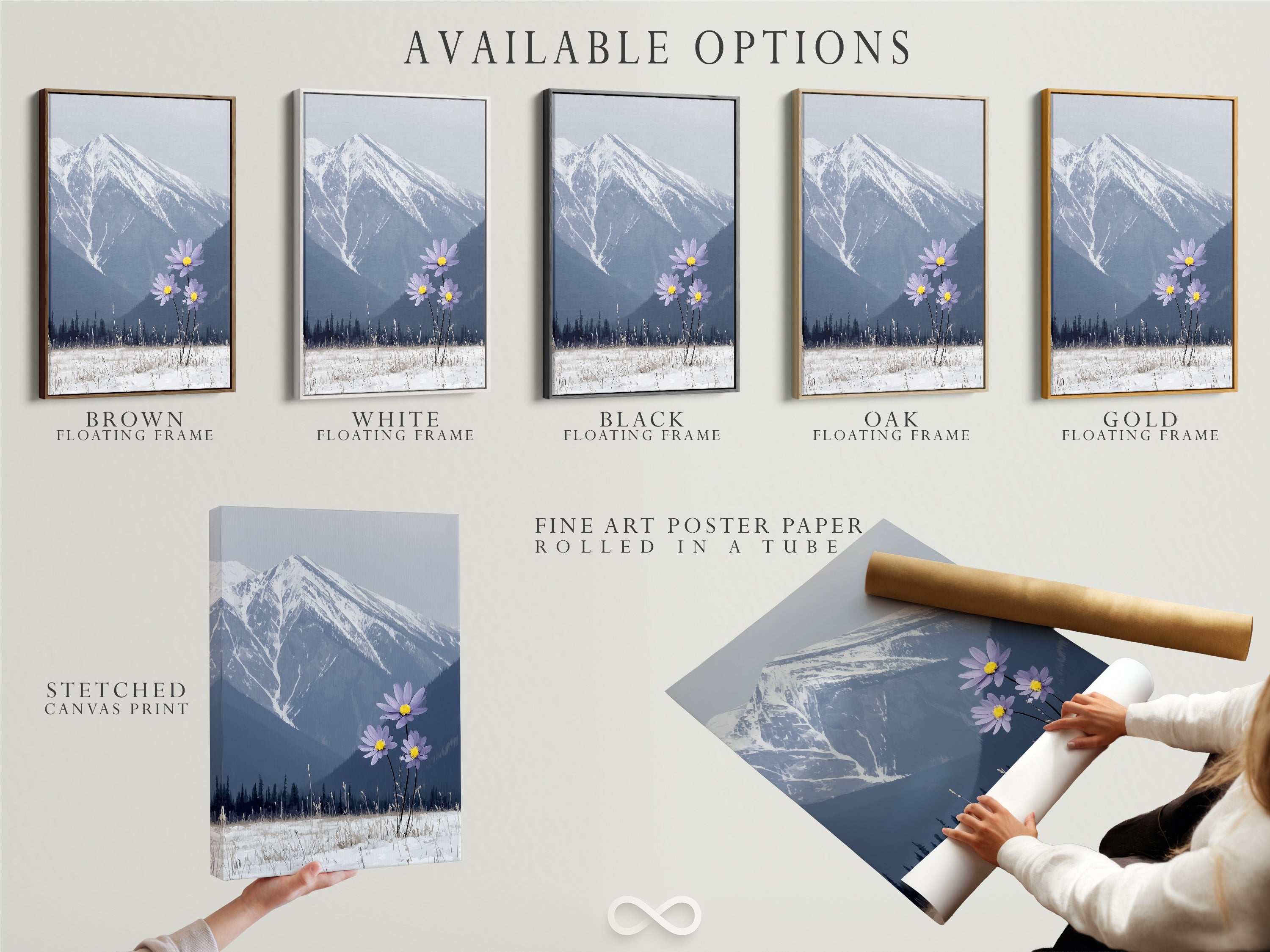 Available options are displayed. Including a stretched canvas print a fine art poster paper and a floating frame. The mountain flower art can be customized to your liking. Create a unique snowy mountain and lilac flower display.