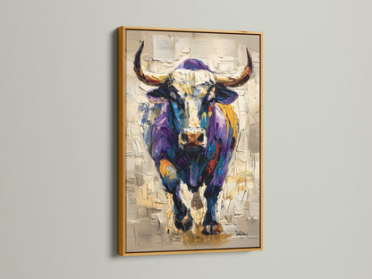 The artwork shows a bull in a gold frame. Gold frame adds a touch of luxury to the artwork. The bull is painted in bright shades. It is a statement piece that will elevate any room. Consider this piece to add a touch of glam to your space. This is perfect for any home.