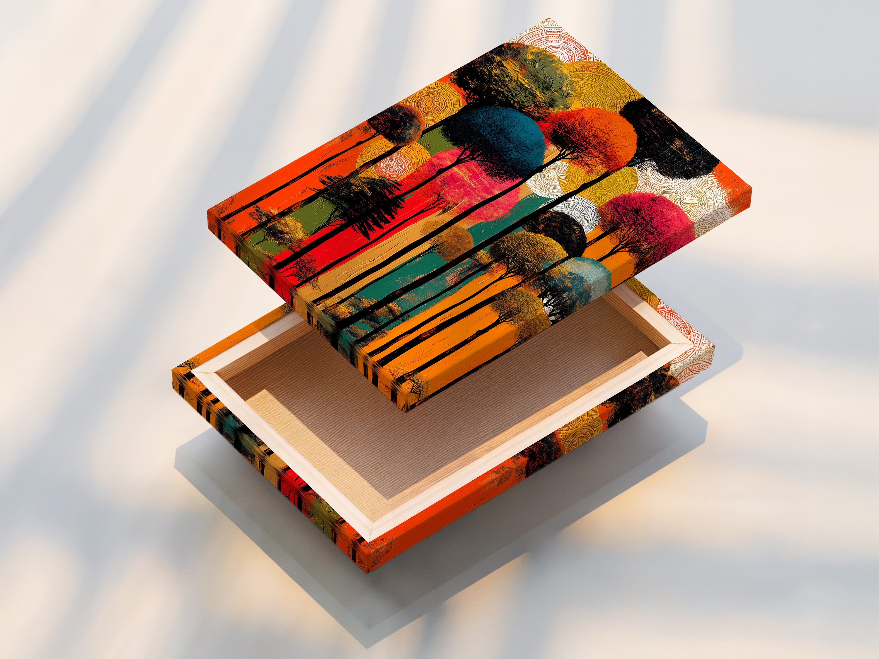 A stretched canvas print showcases abstract tree art. The colorful forest canvas is ready to hang. Modern nature artwork enhances living spaces. The vibrant tree print brings contemporary style to any room.