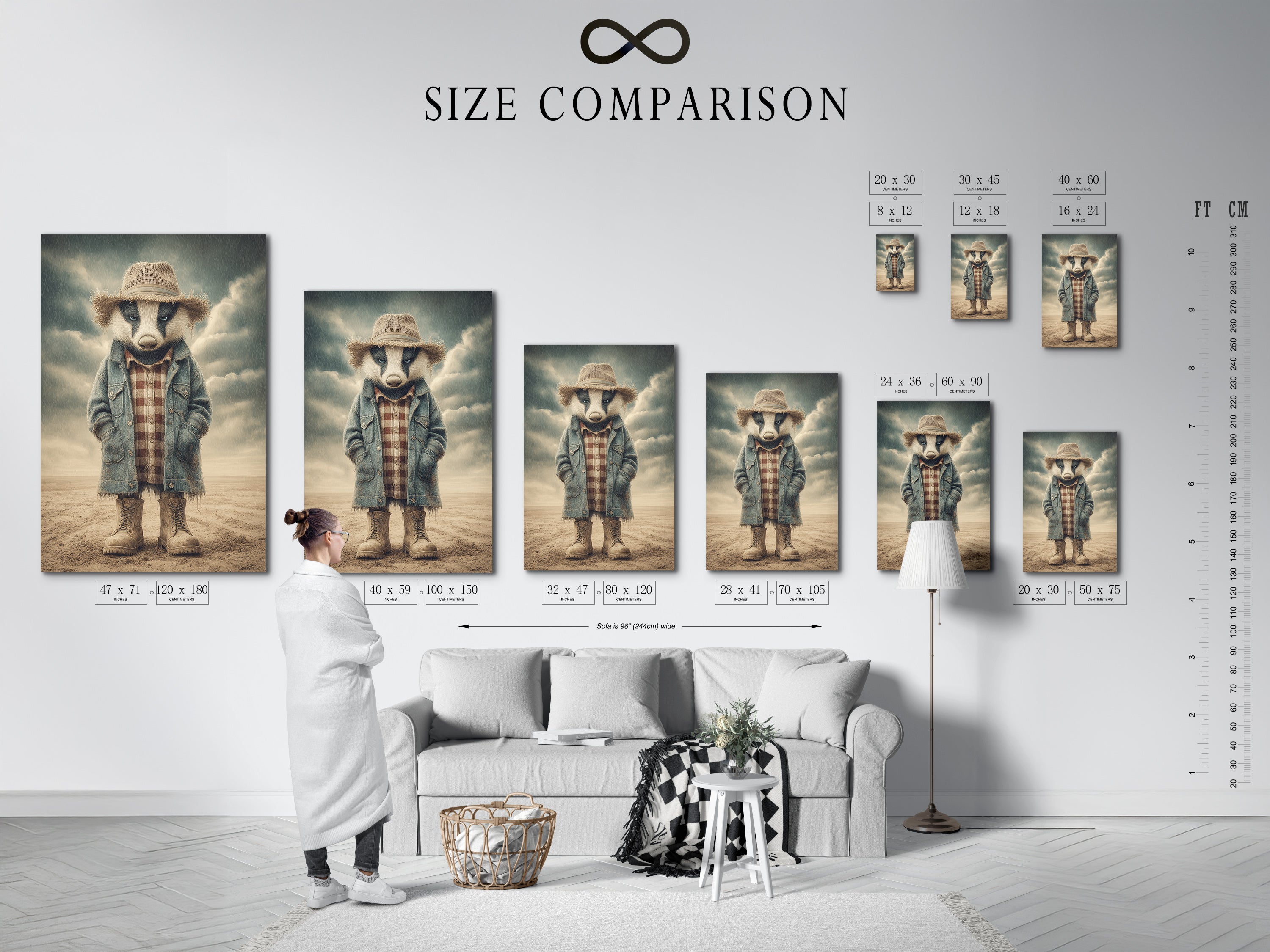 A size comparison chart is displayed in an interior setting. This helps visualize the Badger Cowboy artwork in different sizes. Find the perfect fit for your space. Choose from various options to enhance your home decor. Ideal for homeowners and renters seeking the right art for their walls.