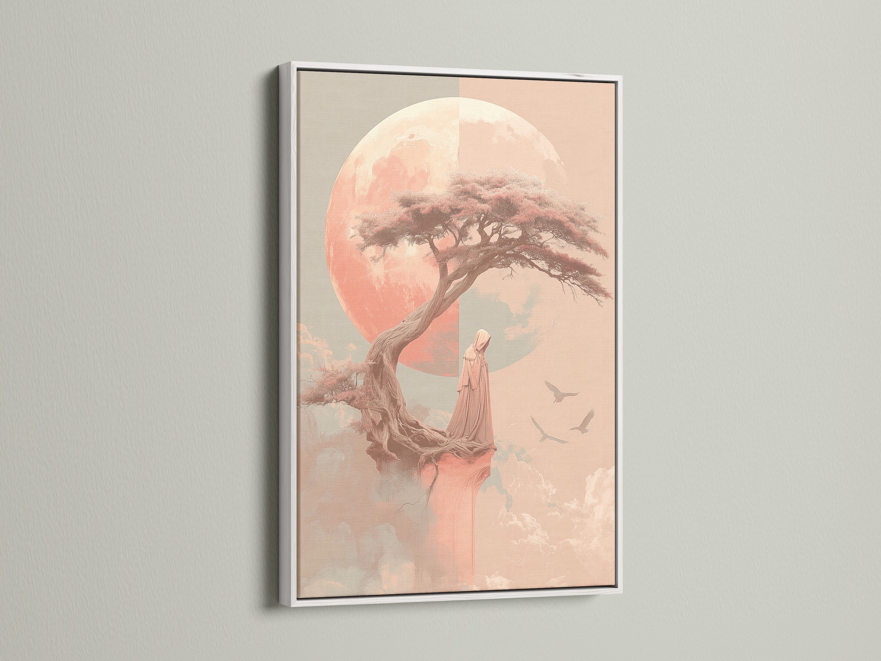 Zen Tree art print with a white frame. The coral pink colors add a gentle touch. This meditation art is perfect for bedroom wall decor. Bring peaceful art into your living space for mindfulness.