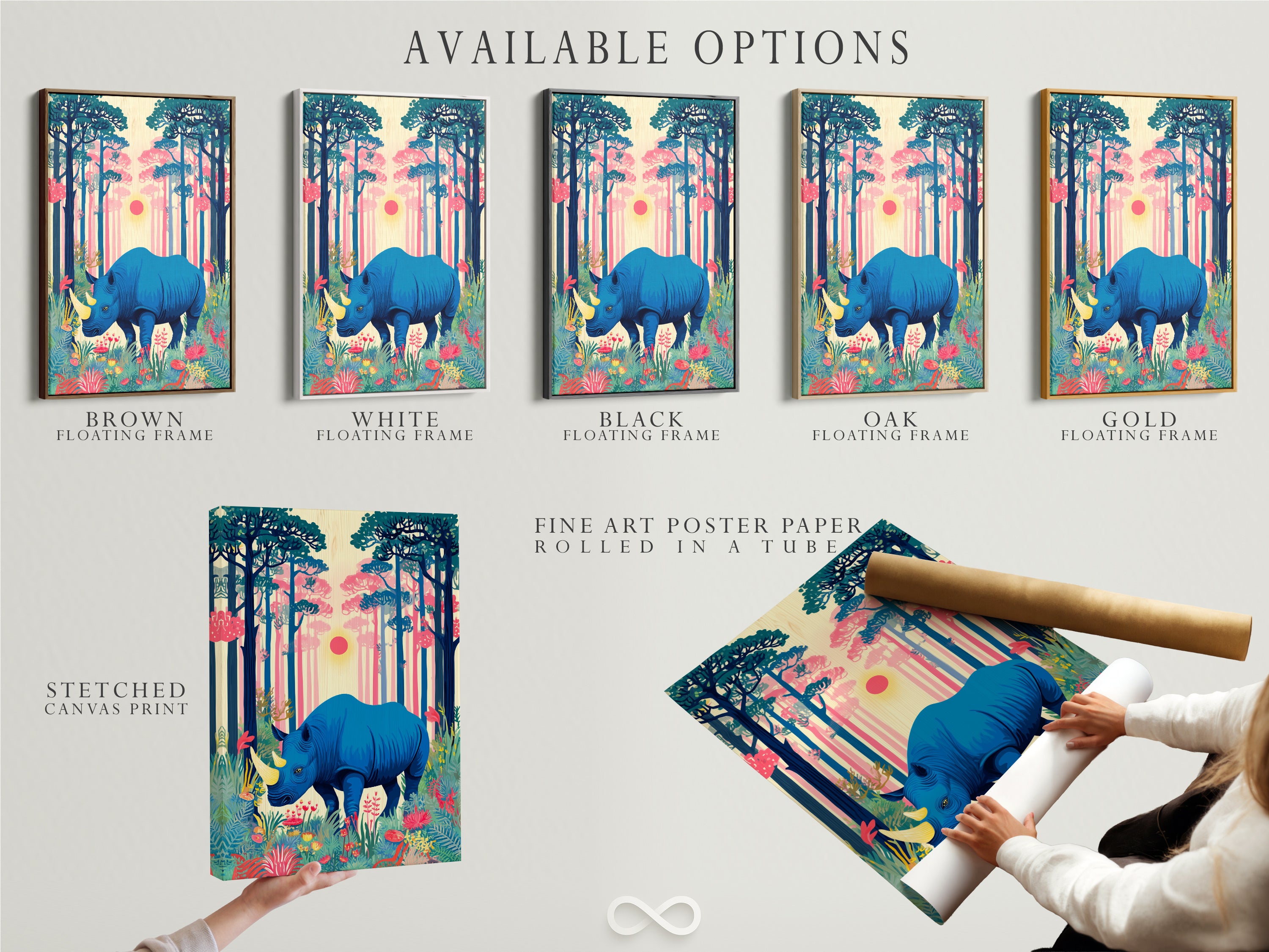 Explore available options for the blue rhino artwork. Choose from stretched canvas prints fine art poster paper or floating frames. Customize your tropical forest wall art. Find the perfect style to match your home decor. Bring wildlife canvas into your space today.