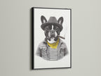 Check out the French Bulldog art in a sleek black frame. This frame accentuates the dog portrait print. It makes it a standout piece of quirky wall art. Perfect for industrial and utility styles. This is a great addition to any man cave or office.