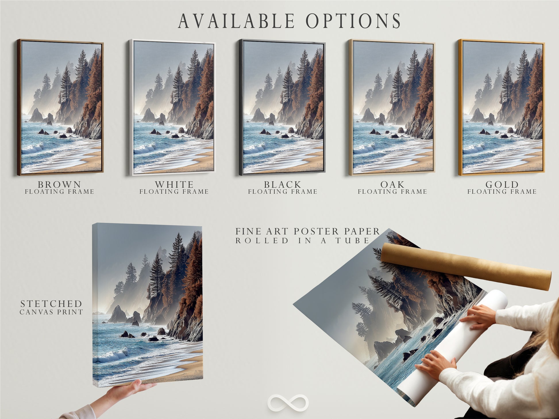 Available options for coastal scenery artwork include stretched canvas print fine art poster paper and floating frame.  Customize your artwork to match your unique style and preferences.  Select the perfect option to enhance your home or office decor.  Create a personalized masterpiece today