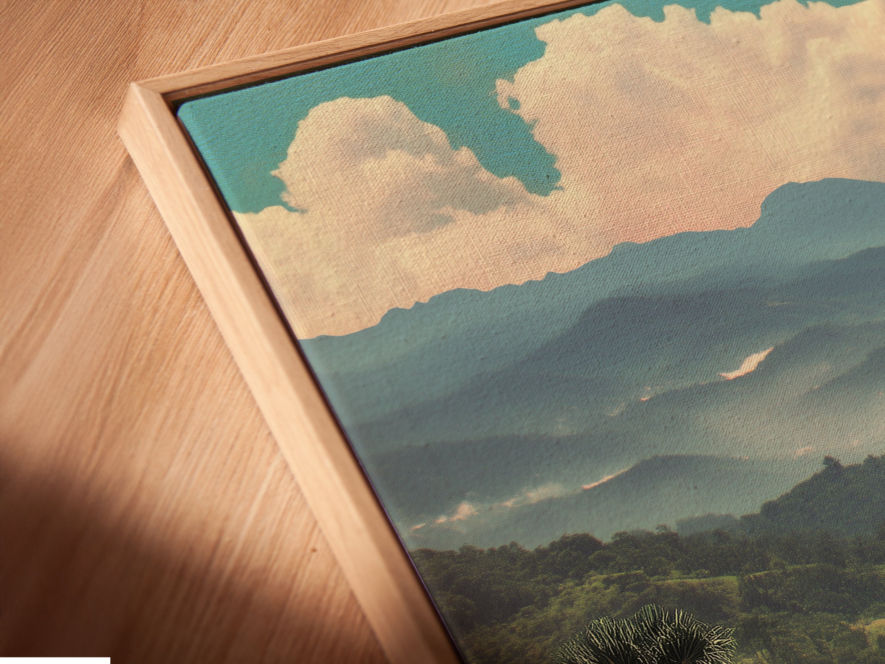 Angled close up of a canvas print in a floating frame. The tropical landscape art is a great addition to any home. This vintage mountain wall art brings nature indoors. The botanical scenery creates a calming atmosphere.
