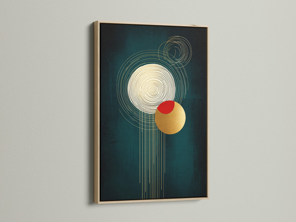 A contemporary geometric artwork is framed in oak. The artwork features abstract circles in gold and emerald green. A single red accent adds visual interest. Ideal wall art for living rooms or offices.