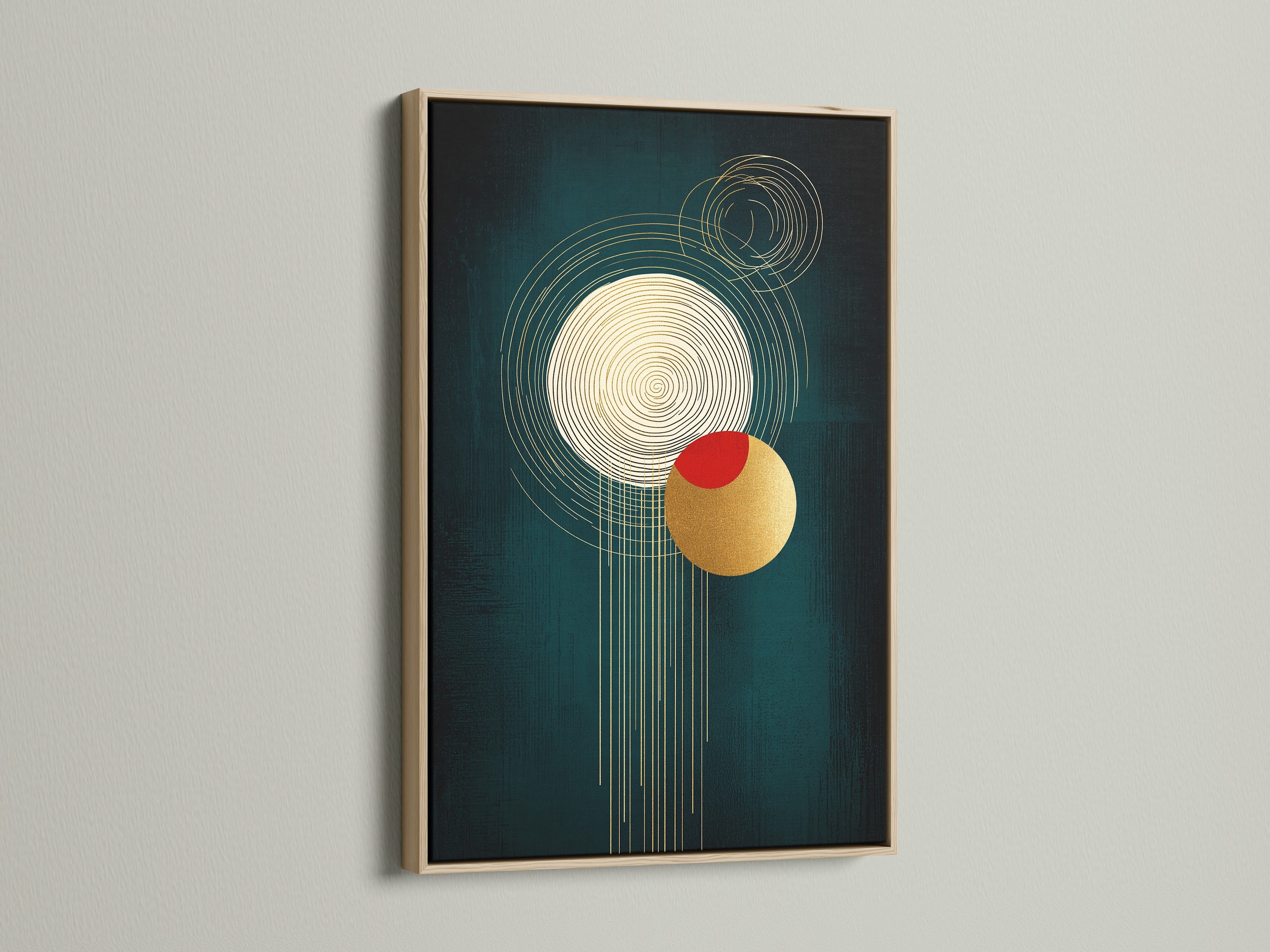 A contemporary geometric artwork is framed in oak. The artwork features abstract circles in gold and emerald green. A single red accent adds visual interest. Ideal wall art for living rooms or offices.