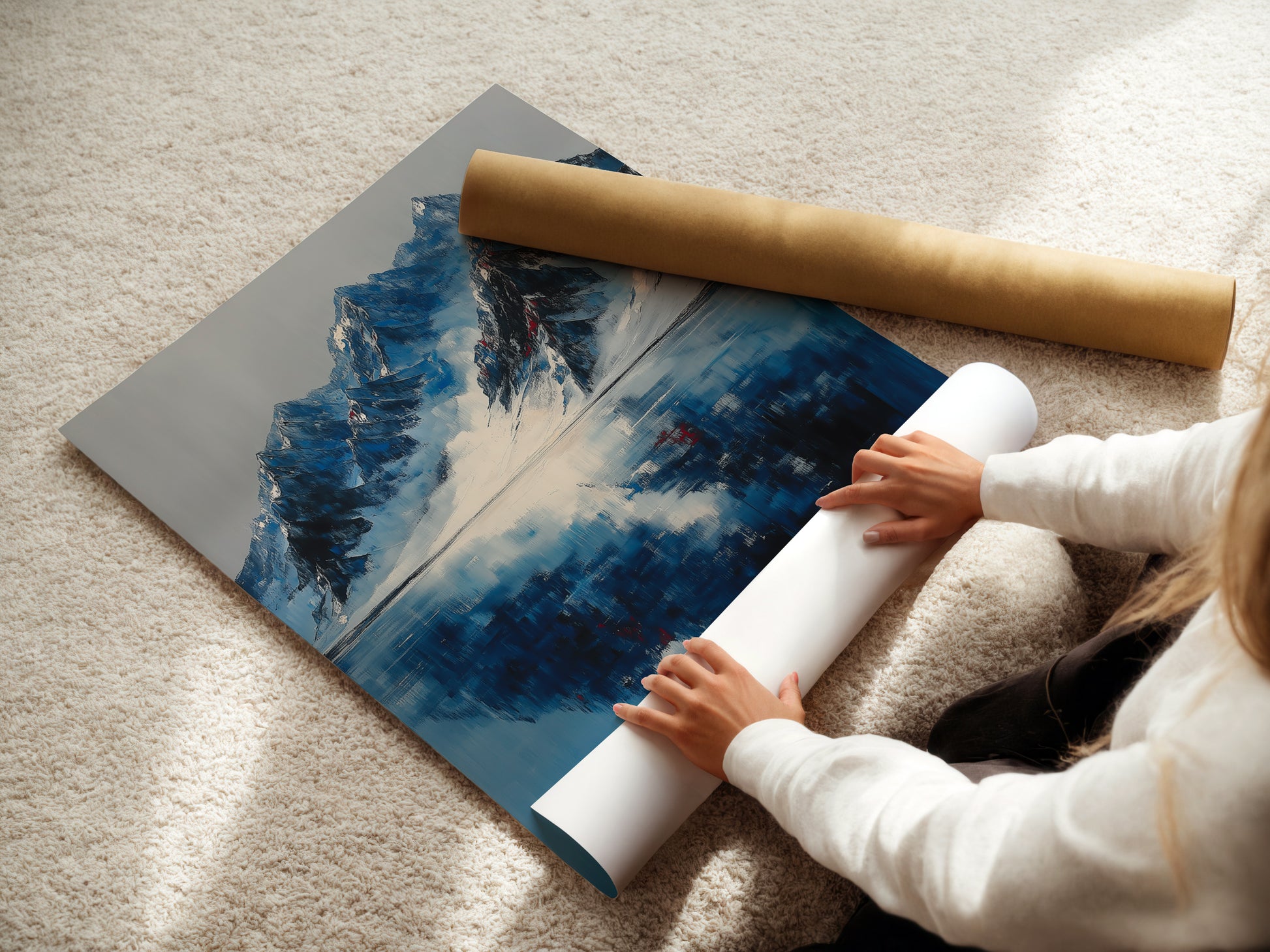 A woman rolls fine art poster paper displaying mountain reflection artwork.  The indigo blue lake art is ideal for winter landscape office decor.  The fine art poster paper captures the beauty of the blue art print and snowy mountains.  Perfect for landscape artwork and reflection prints.