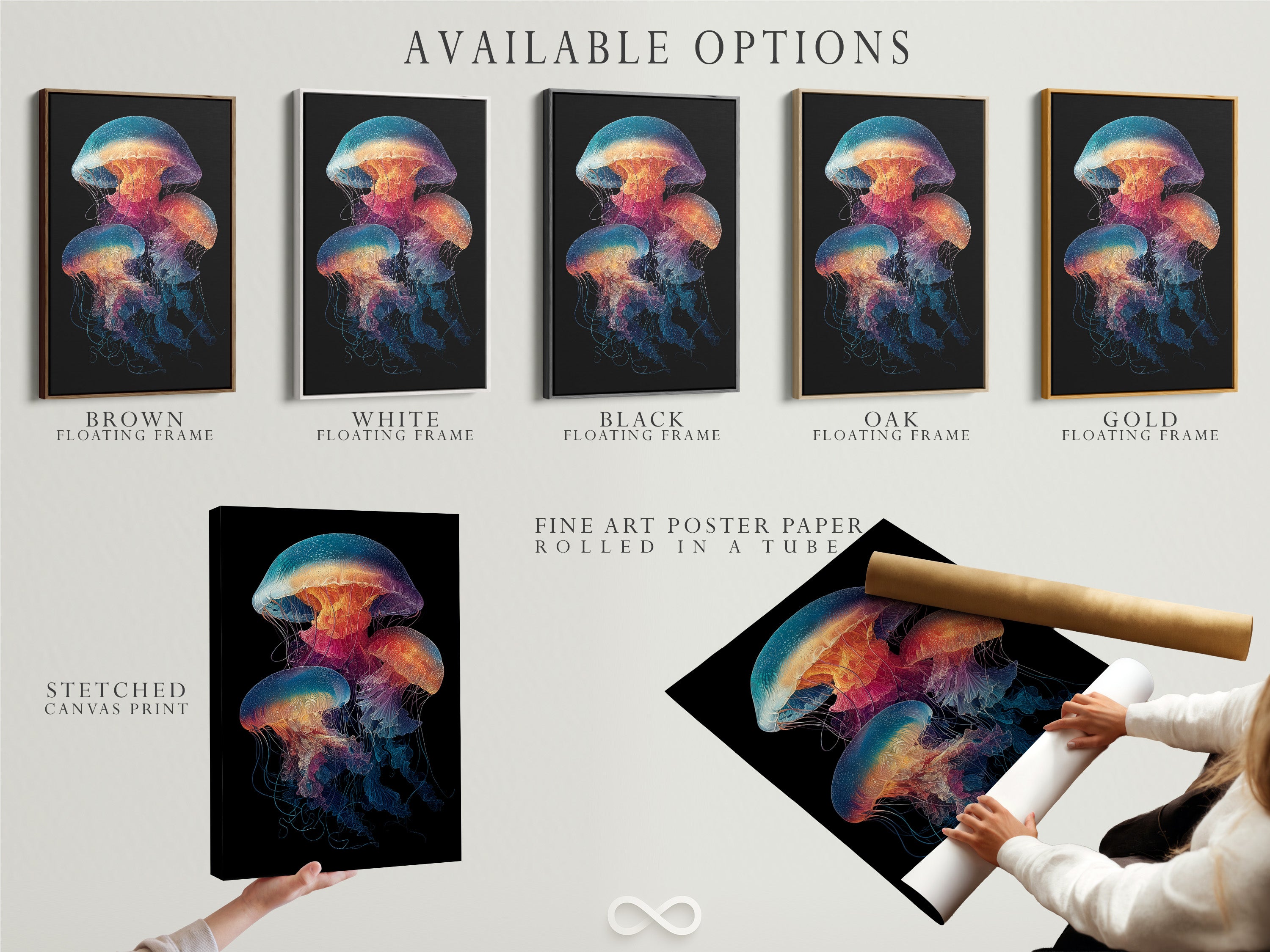 Explore available options for the jellyfish artwork including a stretched canvas print fine art poster paper and floating frame. The colorful ocean wall art enhances any interior. The sea creature art is perfect for coastal tropical and minimalist styles. Enhance your bathroom living room or office.
