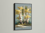 Birch Tree Canvas Print with a black frame. The black frame highlights the fall colors art. This birch tree artwork is ideal for living rooms or offices. The nature painting adds a touch of woodland charm.