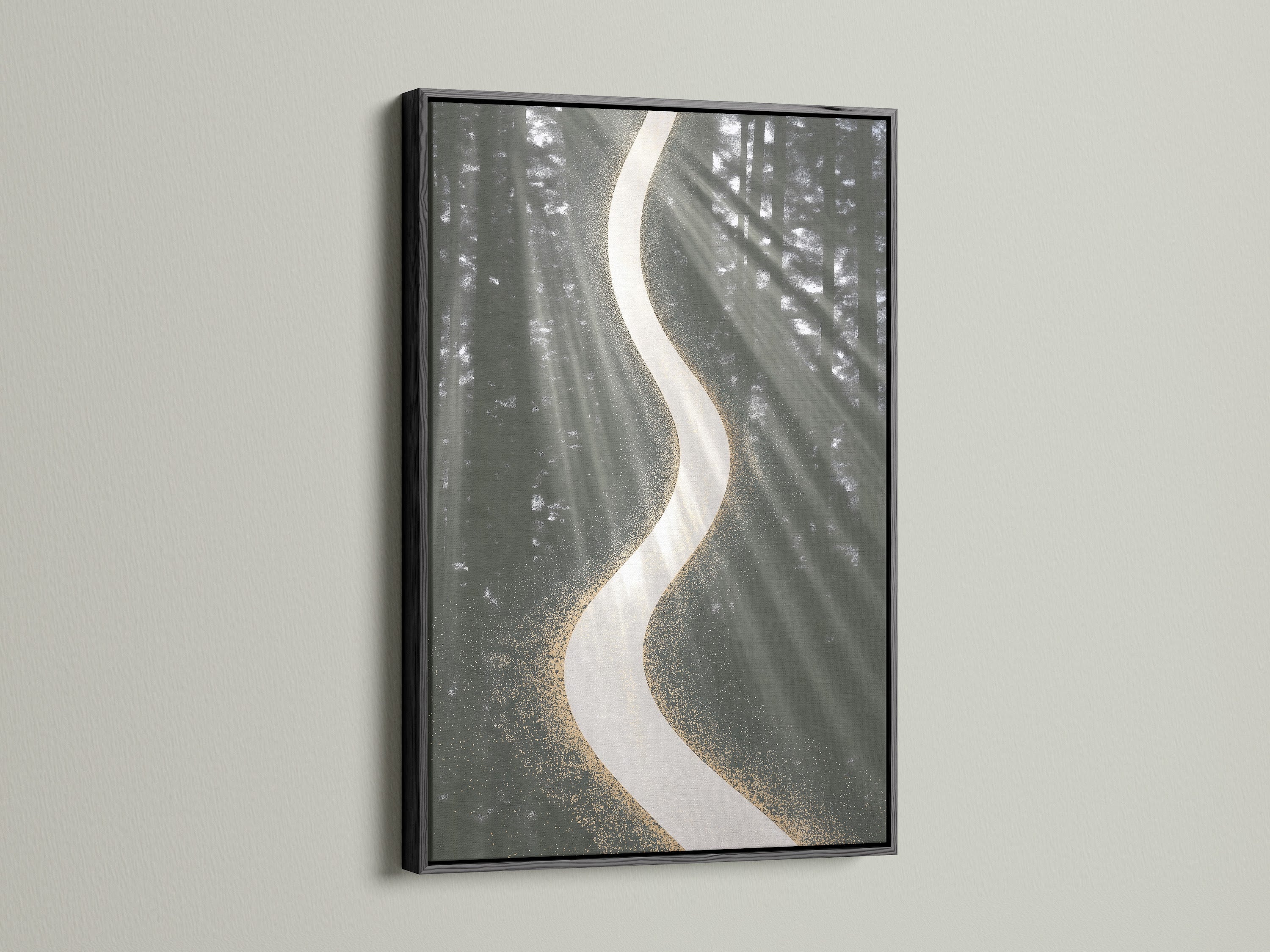 Make a bold statement with abstract river art. This modern canvas art features sage green and gold accents. The black frame provides a sleek contrast. Contemporary artwork suitable for various spaces. From living rooms to boardrooms this piece elevates any wall