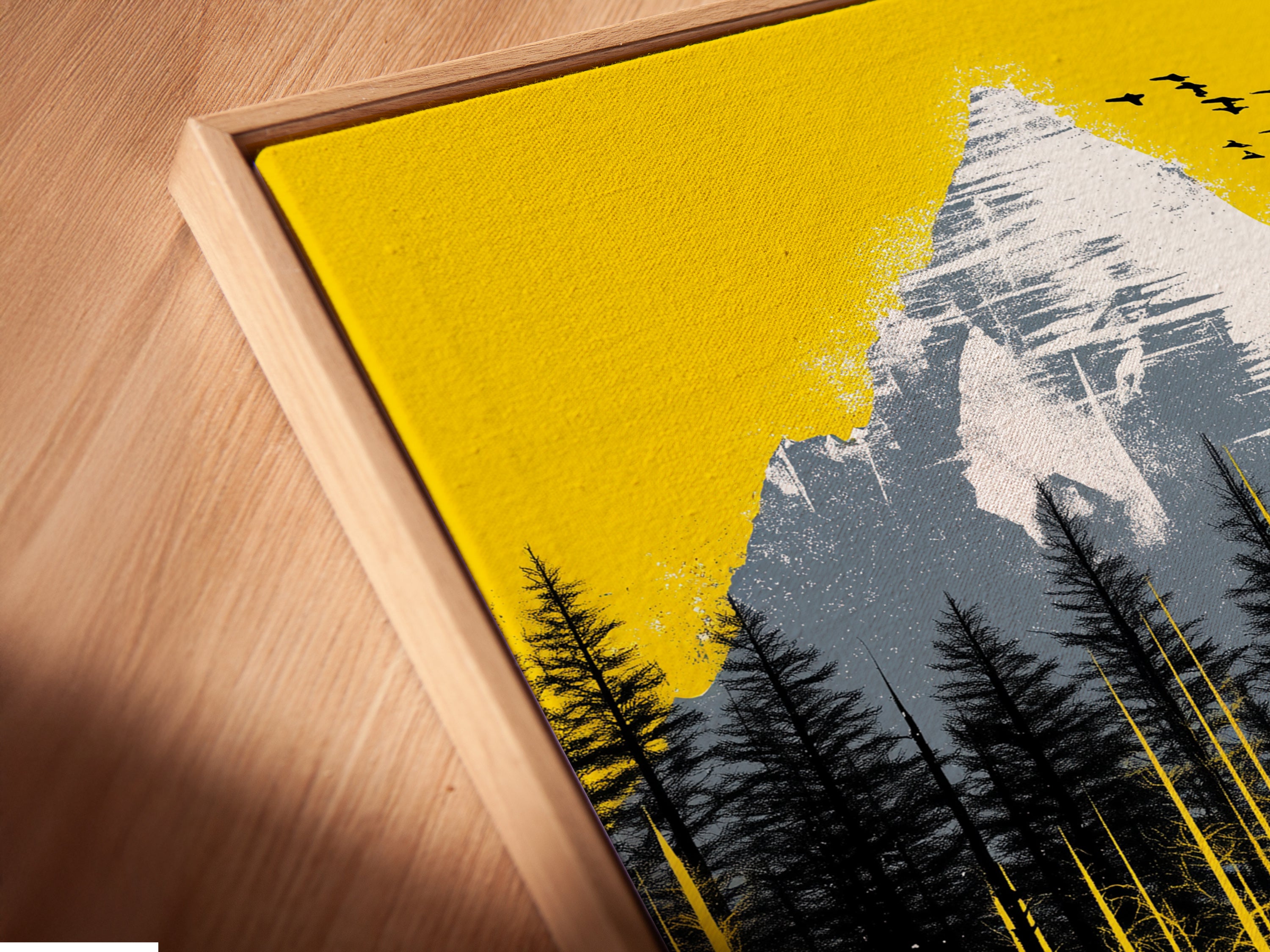 A close-up of a Mountain Bear canvas print in a floating frame. This unique display enhances the artwork. The yellow landscape art is perfect for any space. The floating frame adds a modern touch. Ideal cabin decor.