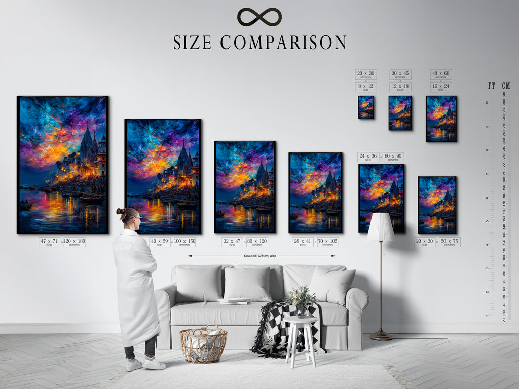 Size comparison chart showcasing the Varanasi River Ghats artwork in an interior setting. See how this spiritual India wall art fits in your home. Perfect for meditation decor or as a statement piece in your living room or yoga studio.